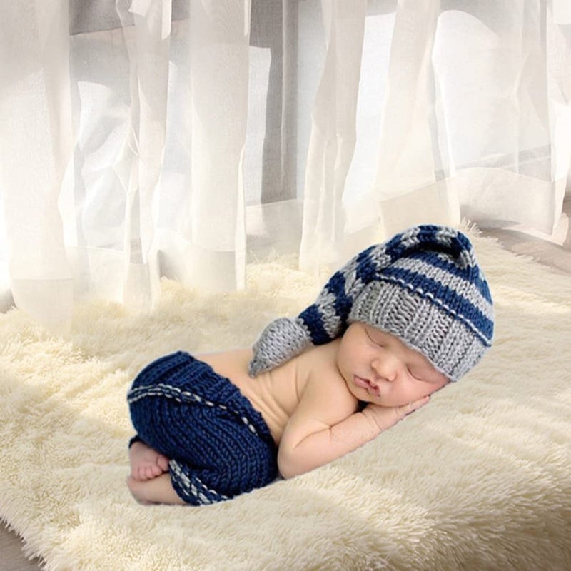 Vedory Newborn Baby Photo Shoot Props Girl Boy Crochet Knit Hat Costume Stripe Hat Pants Overalls Photography Props (Multicolor) - Image 2